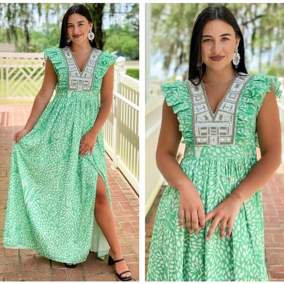 SHERIDAN FRENCH x TUCKERNUCK Stacey Maxi Dress Green White Tree Leaves {3M37} - Picture 1 of 2
